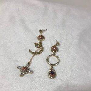 Gold and Pink Moon & Sun Sparkling Earrings - Costume Jewelry